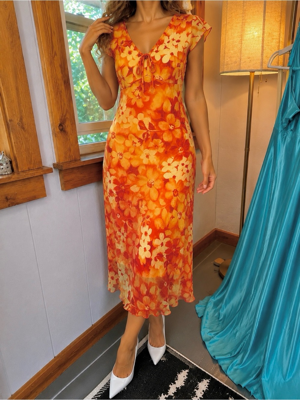 Iz Byer Orange Floral Tie-Front Midi Dress